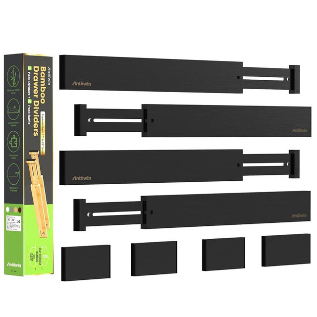 ANTOWIN Bamboo Drawer Dividers Organizers, Expandable Drawer Separators Splitter,17-22 inches Long Adjustable Spring-loaded Organizer for Large Utensil, Clothes, Tools Drawers (Black)