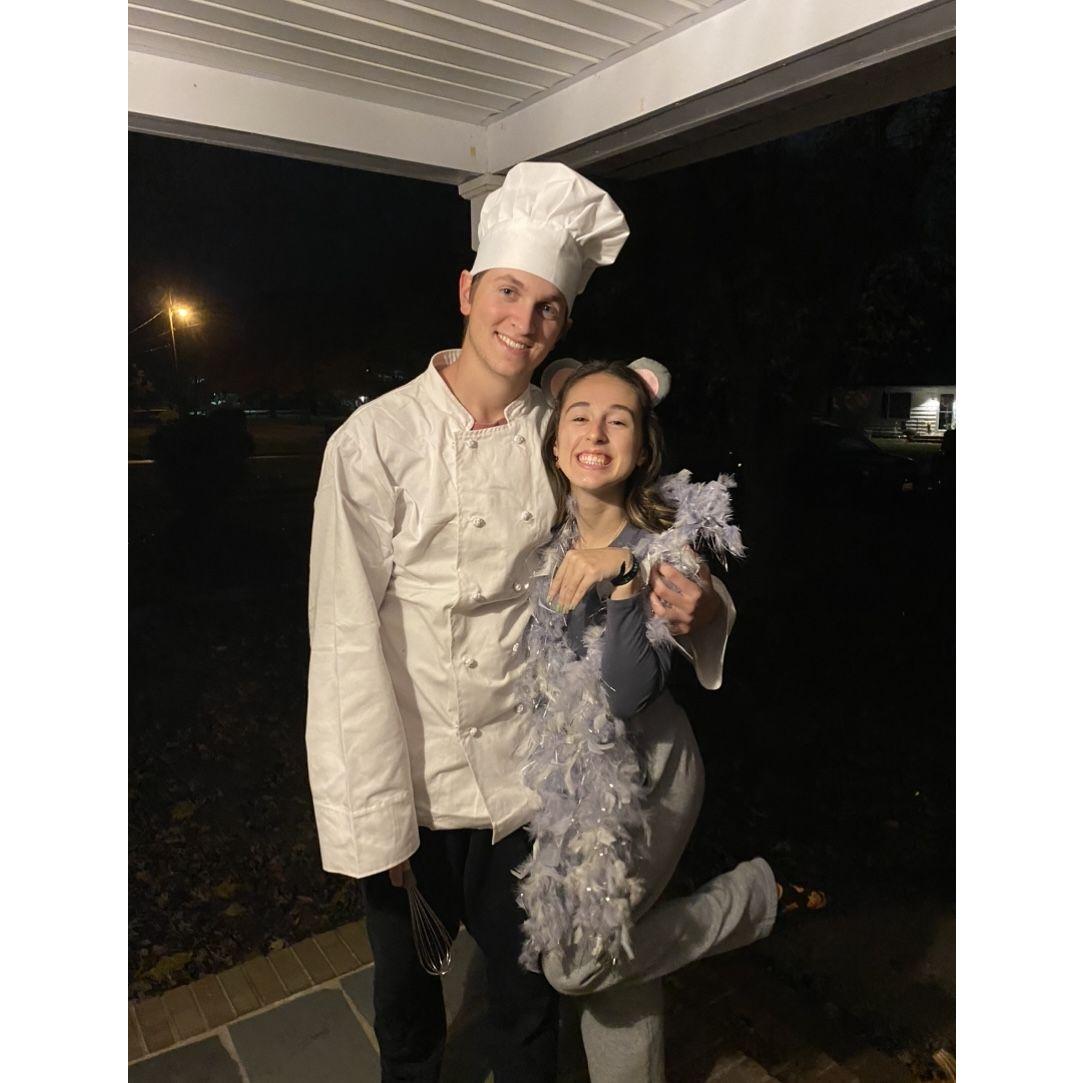 October 31st, 2023: Our first Halloween together! Matt was the Chef, Linguini, and Seraphina was Remi from Ratatouille.