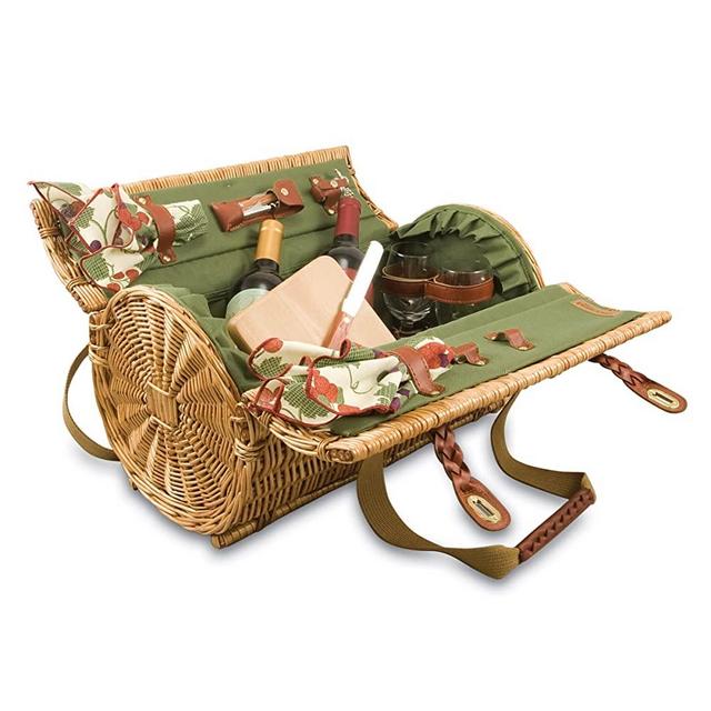 Picnic Time Verona Insulated Wine Basket with Wine/Cheese Service for Two, Pine Green