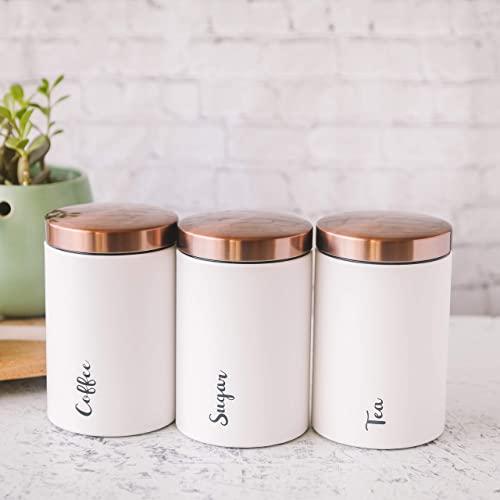 Inspired Designs Chic Canisters Sets for the Kitchen, Set of 3, Labeled Sugar, Tea, and Coffee, Airtight Lids and Stainless-Steel Countertop Containers, Modern Home Decor, White
