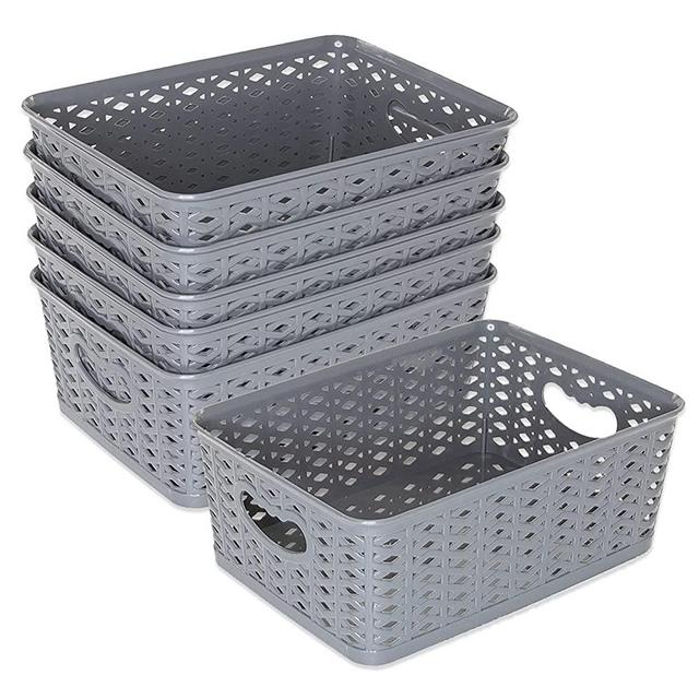 LARQUE 6 Plastic Storage Bins 10.2 x 7.3 x 3.9 inches, Small Weave Organizer Bins with Integrated Handles for Home, Kitchen/Pantry, Craft Room, Bookshelf Organization, and Office