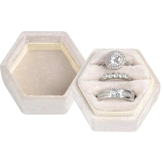 MFXIP Velvet 3 Slots Jewelry Ring Box Engagement Wedding Box Keepsake Box Bridal Photo Ring Triple Slots Hexagon