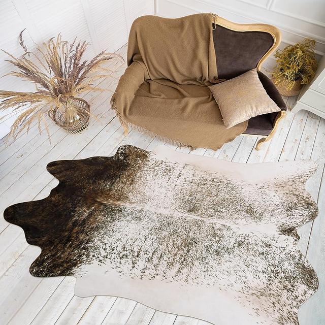 Goideal Cowhide Rug, 5.2 x 6.2 Feet Cow Print Rug Faux Cute Cow Hide Rug for Living Room Bedroom Dorm Office Vintage Western Home Decor, Brown White