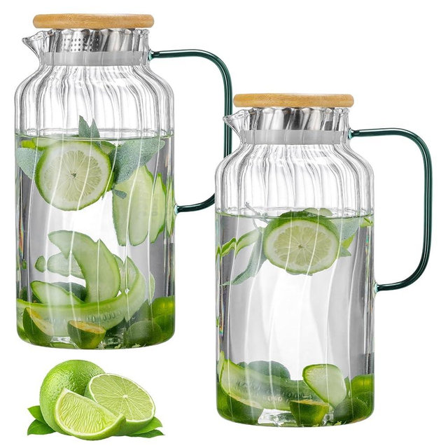 Buaic 2 PACK Glass Pitcher with Lid, 68 oz/ 2 Liter Classic Vertical Stripes Water Pitcher with Bamboo Lids,Glass Water Carafe for Cold Brew, Coffee, Lemonade, Iced Sun Tea,Beverage,Milk
