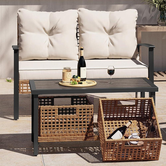 LAUSAINT HOME Outdoor Patio Loveseat with Coffee Table Set of 2, 2 Pcs Comfortable Oversized Furniture Conversation Set for Backyard, Porch, Garden and Poolside, Beige (Not Include Storage Boxes)