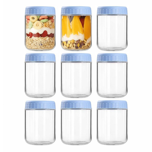 COYACOOL Overnight Oats Containers with Lids, 16oz Wide Mouth Mason Jars with Lids, 9 Pack Glass Jars with Airtight lid for Chia Pudding Yogurt Salad, Meal Prer Oatmeal Jars, Blue