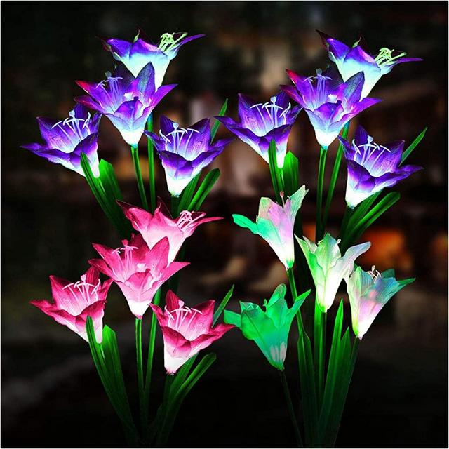 Outdoor Solar Lights, KOOPER 4 Pack Solar Garden Lights with 16 Bigger Lily Flowers, Waterproof 7 Color Changing Outdoor Lights - Bigger Solar Panel for Garden Patio Yard Pathway Decoration