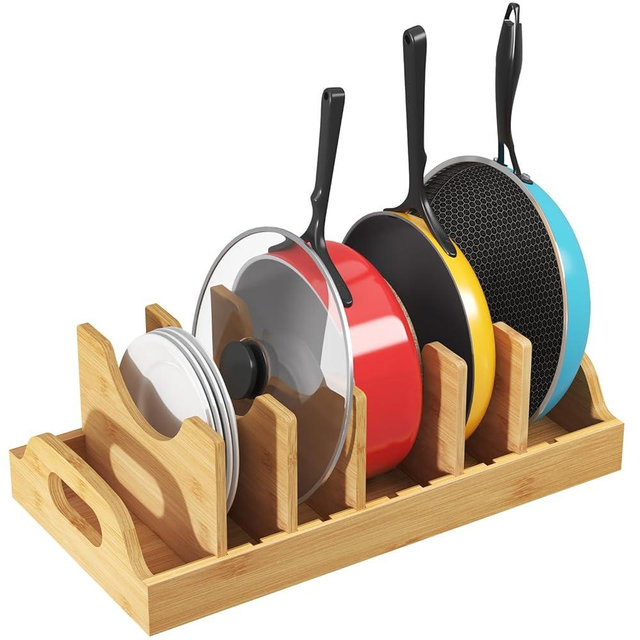 Lifewit Bamboo Pot Lid Organizers for Inside Cabinet, Pot and Pans Lid Holder with 6 adjustable Inserts & 7 Compartments, Lid Storage for Kitchen Pantry Organization, 15.6" X 8.1"