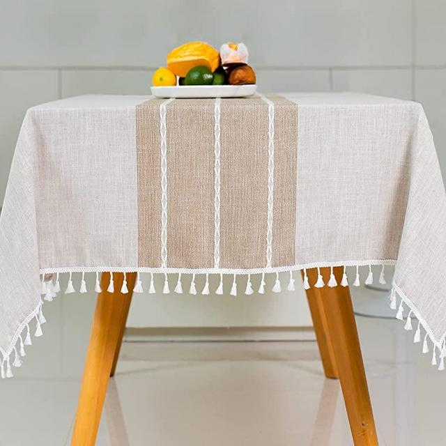 JIALE Cloth Rustic Farmhouse Waterproof Tablecloth,Cotton Linen Table Cloth Embroidery,Indoor & Outdoor Tablecloths for Rectangle Tables,Wrinkle Free Daily Use Burlap Table Cover with Tassels