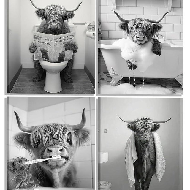 KIERAN 4Pcs Funny Bathroom Canvas Wall Art Black and White Retro Highland Cow Poster Prints Rustic Farmhouse Humo Animal Pictures for Bathroom Restroom Wall Decor 12x16In Framed