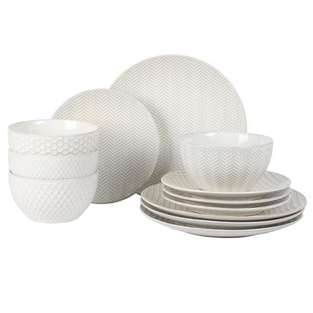 Gibson Elite Oyster Tide Embossed 12 Piece (Service for 4) Plates and Bowls Reactive Glaze Round Dishes Stoneware Ceramic Dinnerware Set, White