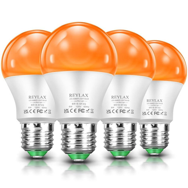 REYLAX Dimmable Amber Light Bulbs, Only 0.04% Blue Light, A19 E26 8W(60 Watt Equivalent) 1600K Sleep Light Bulb for Bedroom, Bathroom, Living Room and Baby Nursery Lighting, 4 Pack