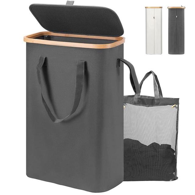 yamagahome 52L Slim Laundry Hamper with Lid, Narrow Laundry Hamper with Removable Bag, Slim Laundry Basket with Lid, Thin Hamper Basket Made of Bamboo and Oxford for Bedrooms, Bathroom, RV, Gray