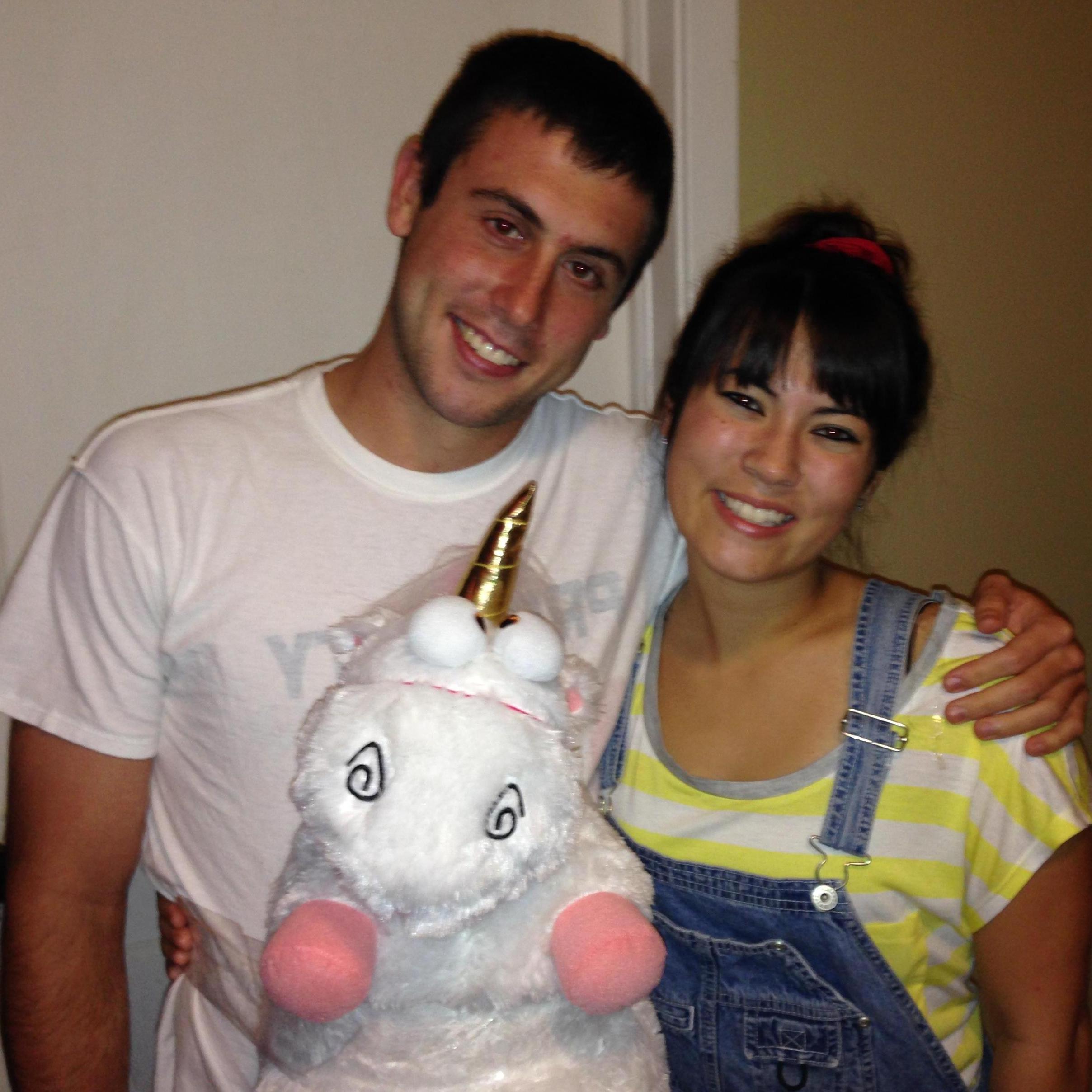 That time Jon came to Katie's Halloween party without a costume, so we taped a unicorn on him.