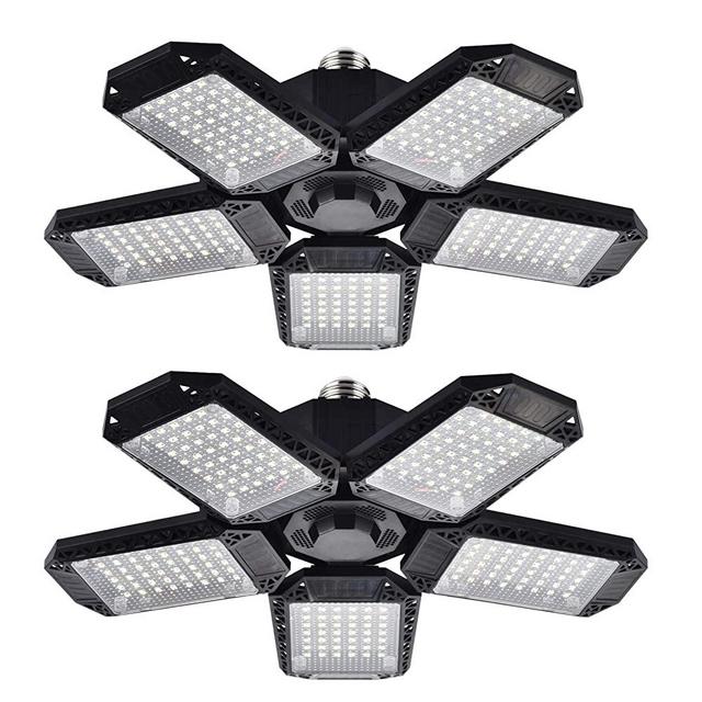 2 Pack LED Garage Lights, 120W Deformable LED Garage Ceiling Lights with 5 Adjustable Panels, 12000LM E26 LED Shop Lights for Garage, Basement, Barn, High Bay Light (2 Pack)