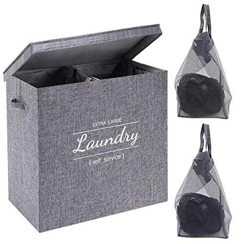 YOUDENOVA Double Laundry Hamper Sorter with Lid and 2 Removable Liner Bags, Divided Clothes Hamper with Handle, Grey