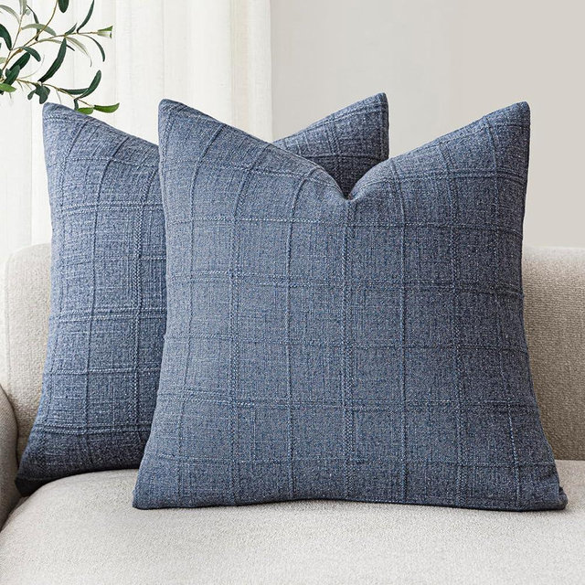 Foindtower Set of 2 Decorative Linen Check Throw Pillow Covers Neutral Farmhouse Vintage Cushion Covers Modern Coastal Boho Home Decor for Sofa Chair Couch Bedroom Living Room Outdoor,20×20 Inch,Blue