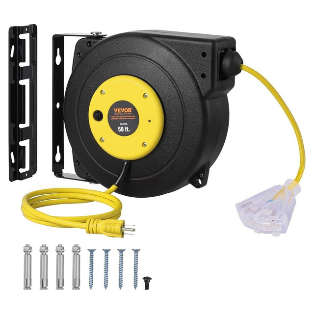 VEVOR Retractable Extension Cord Reel, 50 FT, Heavy Duty 14AWG/3C SJTOW Extension Power Cord with Lighted Triple Tap Outlet, 13A Circuit Breaker 180° Swivel Bracket for Ceiling or Wall Mount, Yellow
