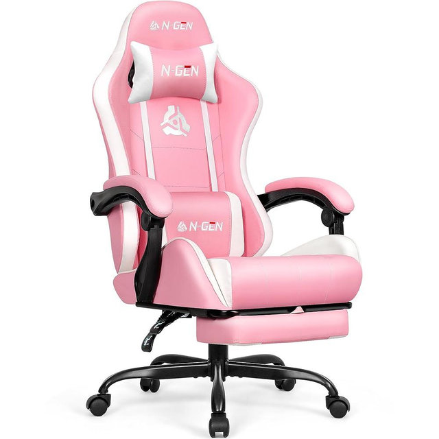 N-GEN Video Gaming Chair with Footrest High Back Ergonomic Comfortable Office Computer Desk with Lumbar Support Height Adjustable with PU Leather Recliner for Adults Women Men (Pink)