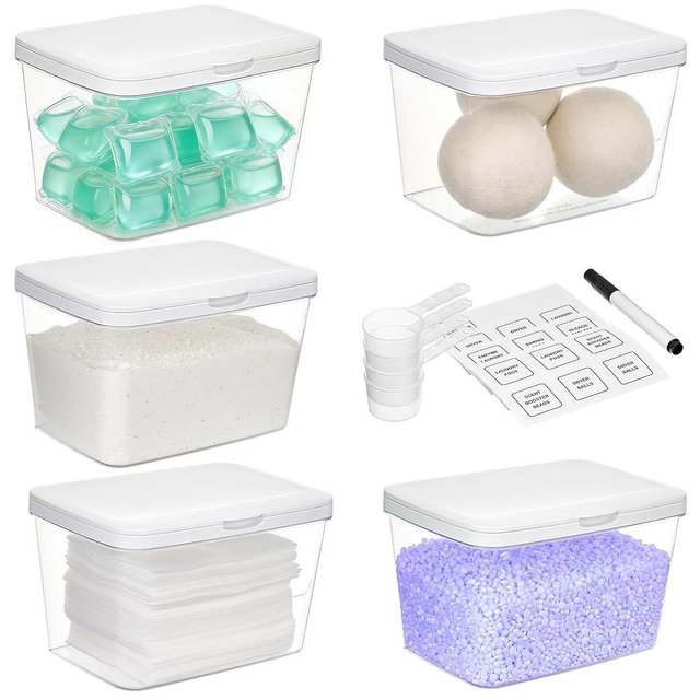 Vtopmart 5 Pack Laundry Pods Container and Dryer Sheet Holder, Detergent Powder Container with Lids &Labels & Scoop for Laundry Room Organization, Laundry Storage for Powder, Pods, Scent Booster Beads