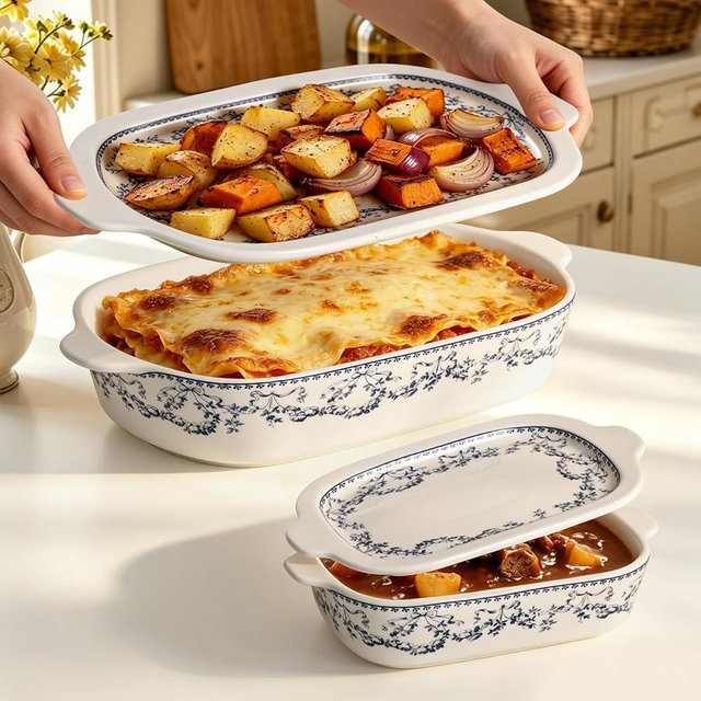 ACMLIFE Ceramic Casserole Dish with Lids for Oven, Large Baking Dish with Lid and Small Ceramic Casserole Dishes with Lid, Bakeware Set Baking Pan Lasagna Pan with Lids & Handles 4 Pcs Set (13x8 Inch+ 8x6 Inch, 2.01 Quart+0.85 Quart, Blue and White), Ceramic Bakeware Microwave, Dishwasher Safe(casserole dish with lid)