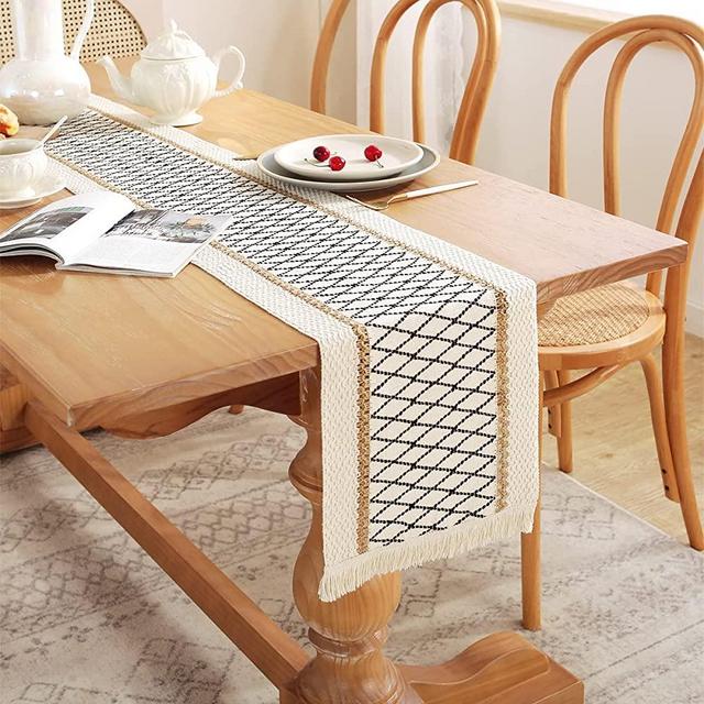 Table Runner, BohoTable Runner Vintage Woven Cotton Linen Table Decorations with Tassel for Dining Party Holiday (Style 1 -Black, 12x72)