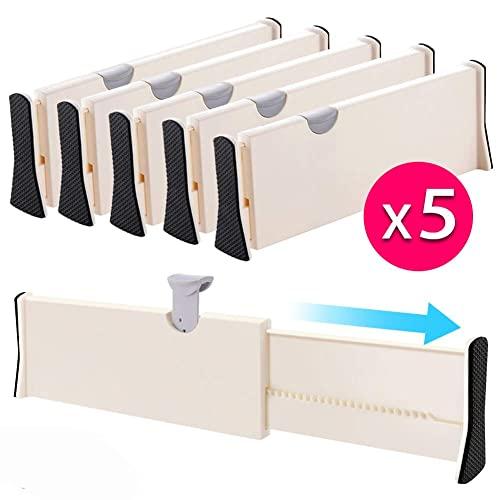 Drawer Dividers Organizer 5 Pack, Adjustable Separators 4" High Expandable from 11-17" for Bedroom, Bathroom, Closet,Clothing, Office, Kitchen Storage, Strong Secure Hold, Foam Ends, Locks in Place