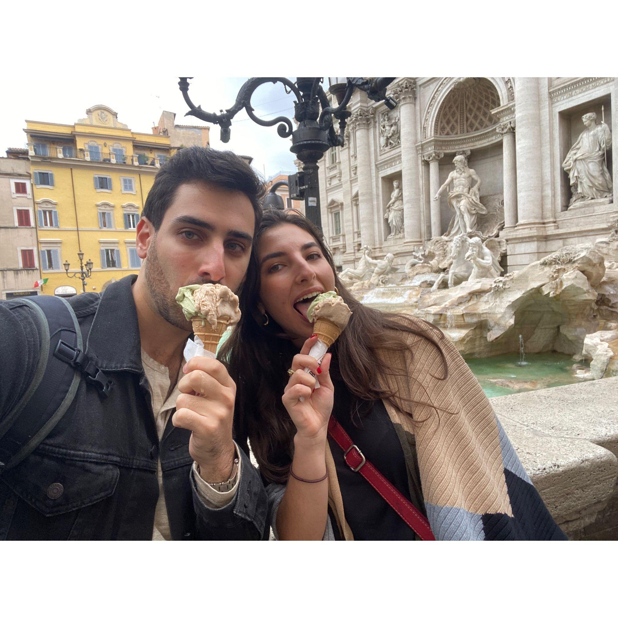 Michael and Valentina devouring gelato in front of the Fountain of Trevi. Pistachio and Hazelnut (Nocciola) are THE BEST flavor combination