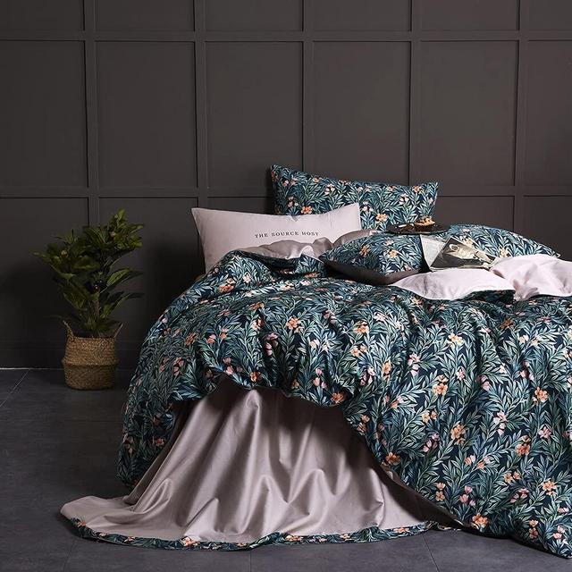 Garden Style Floral Duvet Cover Queen Size Set Green Flower Leaf Print Duvet Cover Bedding Set Reversible Purple Bedding Collection 1 Duvet Cover with 2 Pillowcases (hqxm Queen)