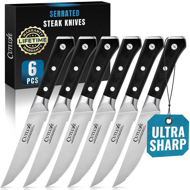 Cutluxe Steak Knives Set of 6, Serrated Steak Knives – Forged High Carbon German Steel, Full Tang, Ergonomic Handle Design – Artisan Series