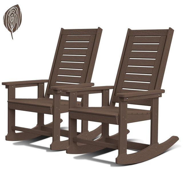 GREENVINES Outdoor Rocking Chairs | Set of 2 | Porch Rocker | HDPE Plastic | Wood Grain | Oversized Rockers | High Back | Big & Tall | Ladder Back | Dark Brown | for Patio Outside