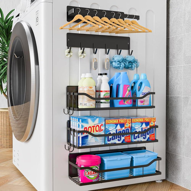 5 Pack Magnetic Shelves for Washing Machine - Versatile Storage Organizers for Washing Machine, Magnetic Spice Racks for Refrigerator, Powerful Magnetic Metal Racks with Unique Hollow Design (Black)