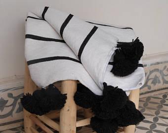 moroccan pom pom blankets,throw blankets,black stripes,bedspread,moroccan bedding,berber blankets,bohemian blanket