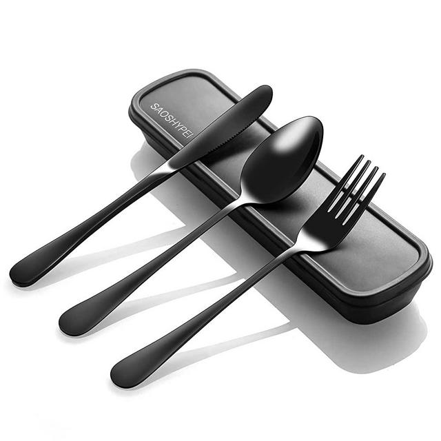 SAOSHYPEI Portable Utensils Set with Case, 4pcs Stainless Steel Reusable Silverware for Lunch Camping School Picnic Workplace Travel, Box Includ Fork Spoon Knife,Easy to clean,Dishwasher Safe(Black)