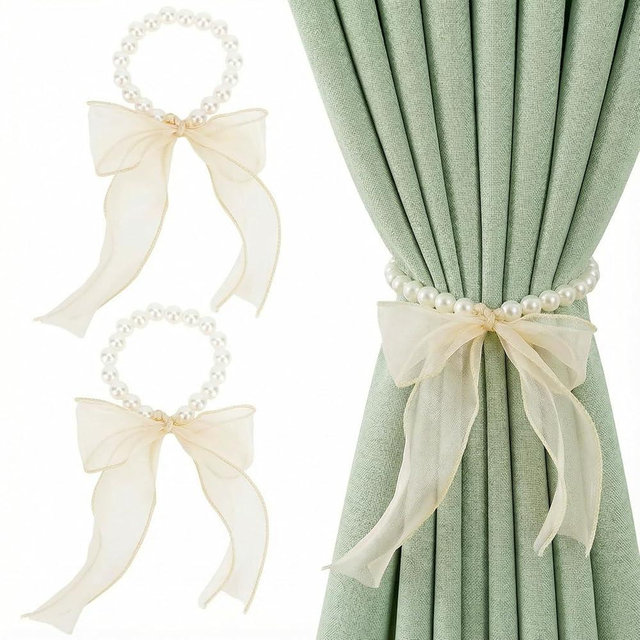 2 PCS Pearl Curtain Tiebacks, DIY Bow Curtain Tie Backs White Pearl Curtain Ties Set Decorative Curtains Holdbacks for Home Office Bedroom Living Room Wedding Party Decoration