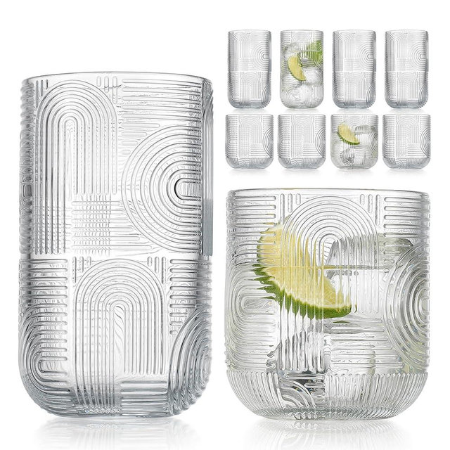 Glaver's Urban 8-Piece Premium Textured Glassware Set. 4 Highball 17oz Drinking Glasses and 4 DOF 13.2 oz Whiskey Glass Tumblers – Elegant Ribbed Arch Textured Design for Water, Juice, Cocktails.