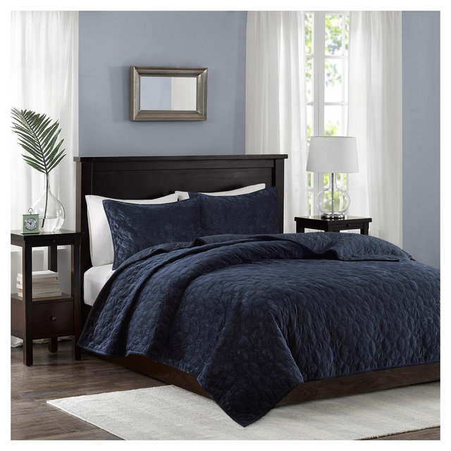 Navy Mercer Polyester Velvet Quilt Set (Full/Queen)