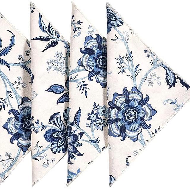 Cloth Napkins Table Linens Dinner Napkins 18”x18" Off White and Blue Cotton Floral Fabric Set of 12