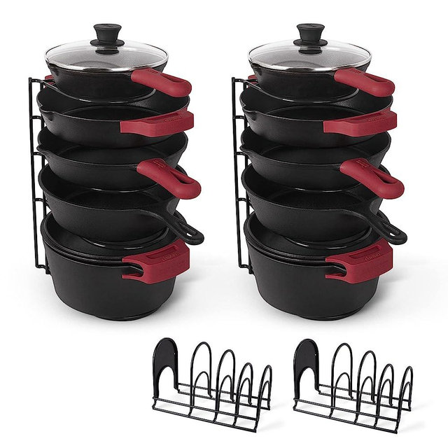 cuisinel Pan Organizer - 15" Heavy Duty Skillet Rack - 2 Pack - Kitchen Counter/Cabinet Organization Storage - Holder for Cookie Sheet, Cutting Board, Cast Iron Cookware, Dish, Pot, Lid Stand