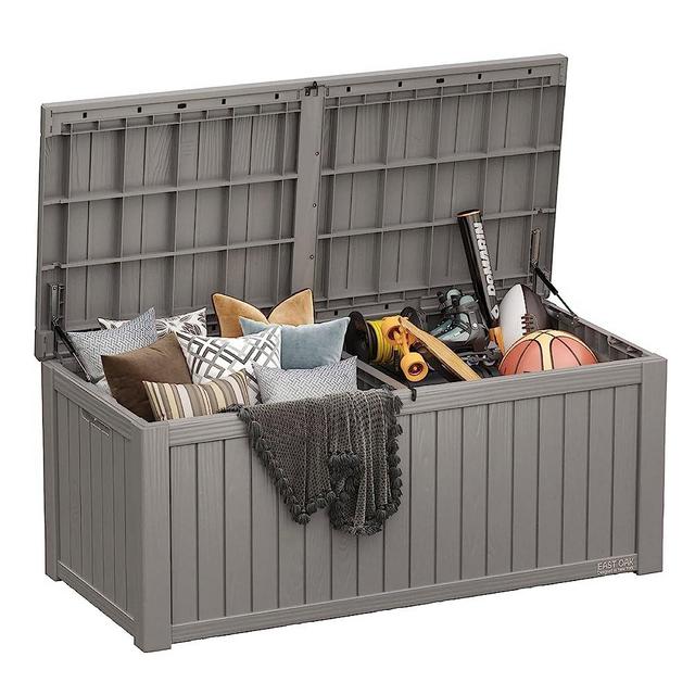 EAST OAK 150 Gallon Large Deck Box, Outdoor Storage Box with Padlock for Patio Furniture, Patio Cushions, Gardening Tools, Pool Supplies, Waterproof and UV Resistant Resin, Grey