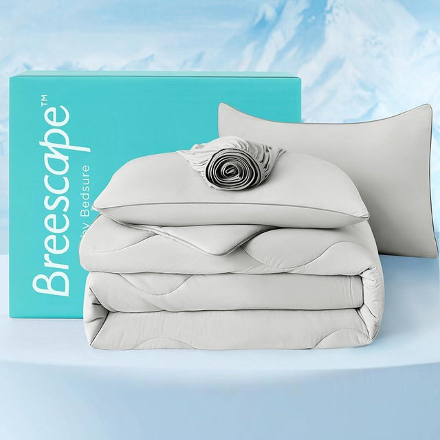 Bedsure Breescape Cooling Comforters Queen Size, Grey Cooling Blanket for Hot Sleepers, Double-Sided Cool Tech Comforter Set of 4 Pcs, Breathable Lightweight Comforter Queen Duvet Insert, 90" x 90"