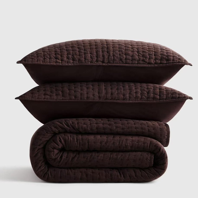 European Linen Cotton Stitch Quilt Set; Espresso Color