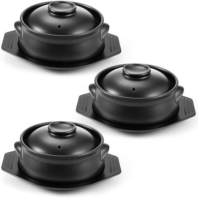 Kritkin 3 Pcs Korean Stone Pot Clay Cooking Pot Set Ceramic Sizzling Hot Bowl Korean Bibimbap Soup Dolsot Bowl with Lids for Ttukbaegi and Koreans Stew (38 oz)