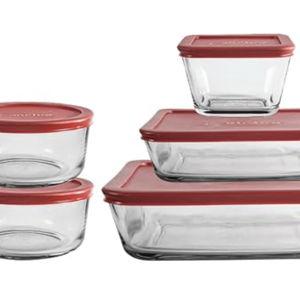 Anchor Hocking 16 Piece Glass Storage Containers with Lids (8 Glass Food Storage Containers & 8 Red SnugFit Lids)