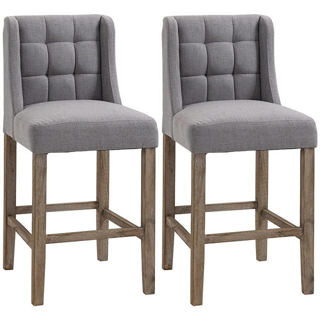 HOMCOM Modern Bar Stools Set of 2, Tufted Upholstered Barstools, Pub Chairs with Back, Rubber Wood Legs for Kitchen, Dinning Room, Grey