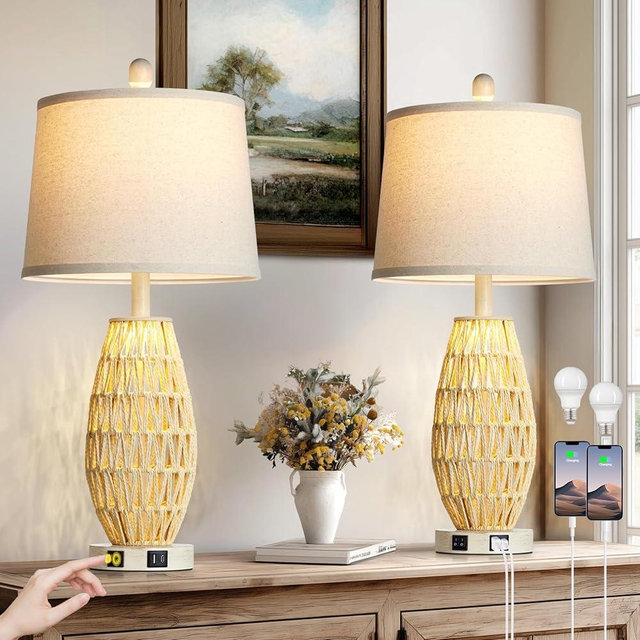 luxeflow 27" Beige Boho Rattan Lamps Set of 2, Coastal Natural Bedroom Table Lamps with Night Light, Woven Wicker Bedside Nightstand Lamp with USB A+C Charging Port, Farmhouse Lamp for Living Room