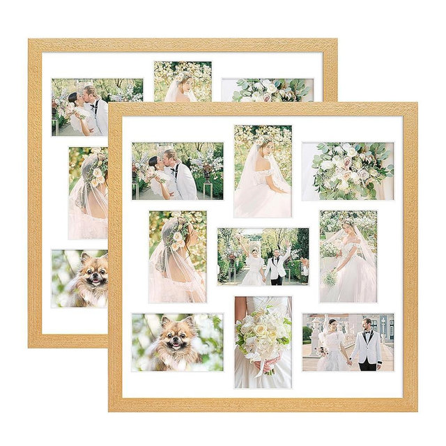 KSROECUD 17x17 Collage frame with 9 Openings 4X6 Pictures, Multiple Picture Frame with Mat, Wall or Tabletop Decor, Natural Wood Grain,2 Pack