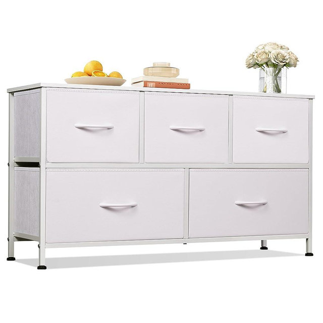 WLIVE Dresser for Bedroom with 5 Drawers, Wide Chest of Drawers, Fabric Dresser, Storage Organization Unit with Fabric Bins for Closet, Living Room, Hallway, Nursery, White