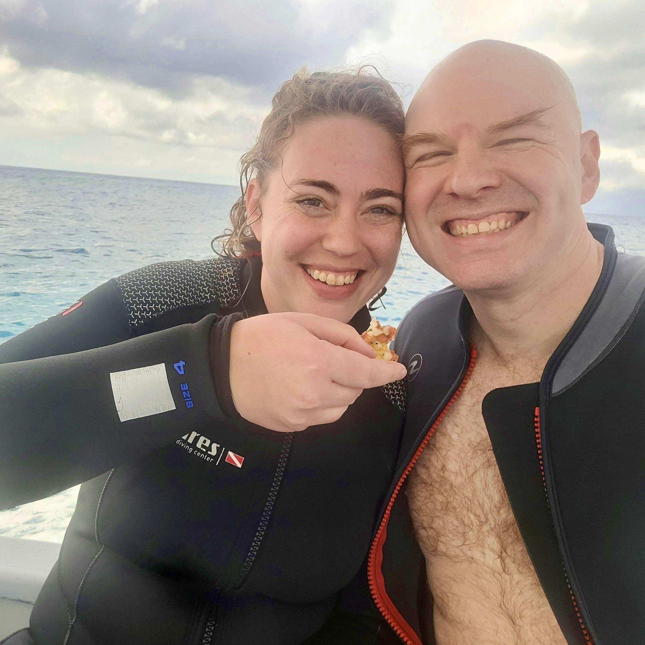 Enjoying a snack between dives in Cozumel a couple days before getting engaged. My first dive ever and Jon's first warm water dive!