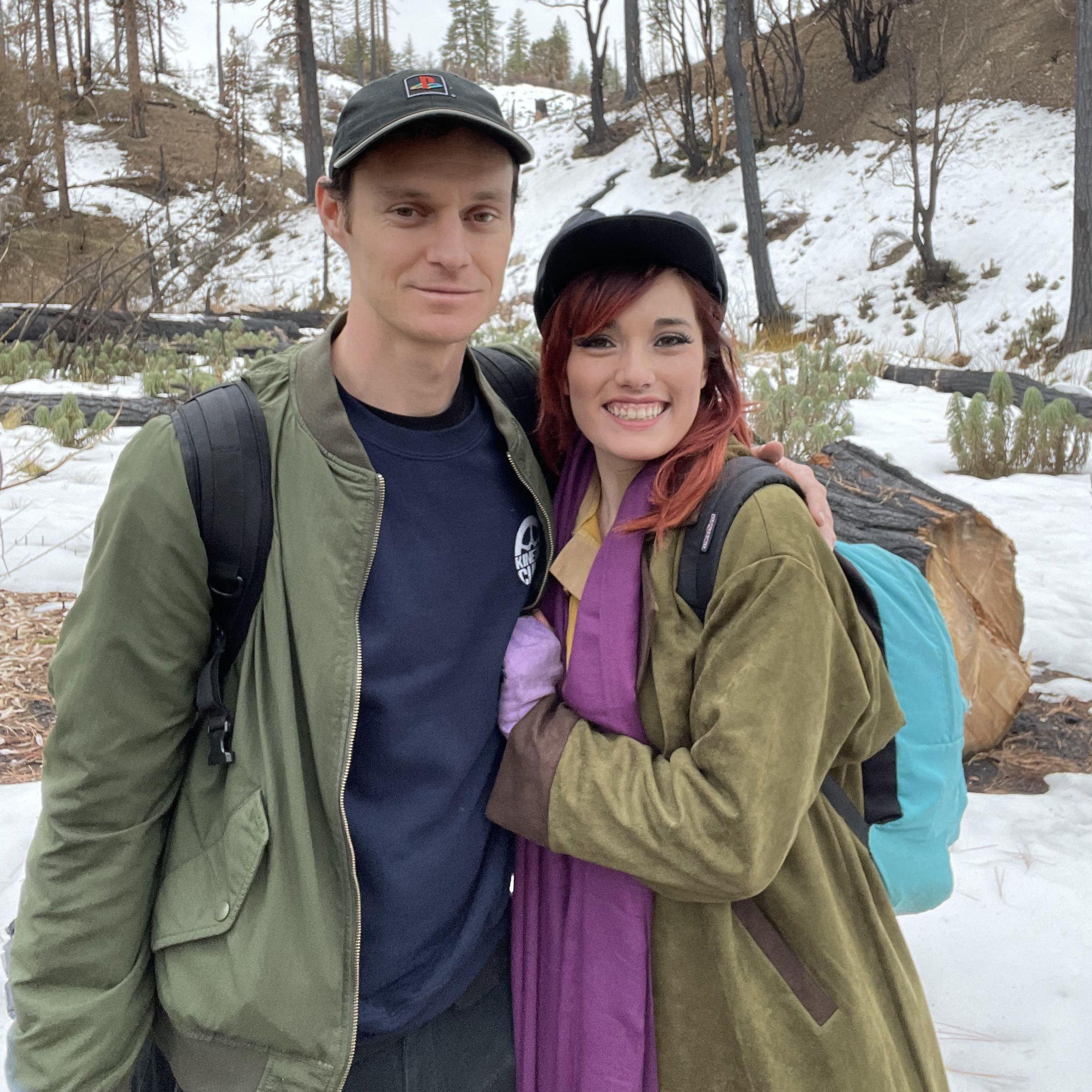 Kaz shooting cosplay content and Ryan throwing knives in the woods.